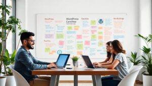 Personas colaborando en oficina con portátiles y pizarra.