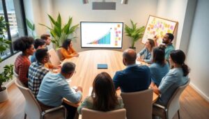 Reunión de equipo analizando gráficos de crecimiento.