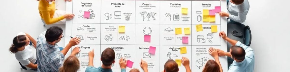 Equipo trabajando en un modelo canvas con post-its.