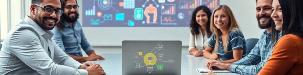 Personas en reunión con presentación digital.