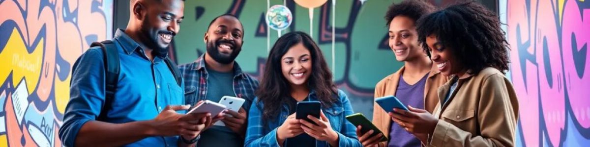 Personas jóvenes usando móviles frente a grafitis.