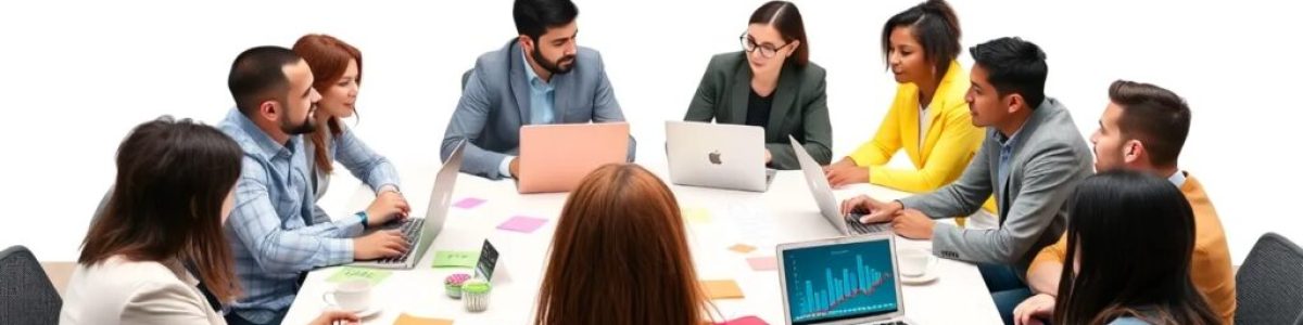 Reunión de trabajo con laptops y gráficos en pantalla