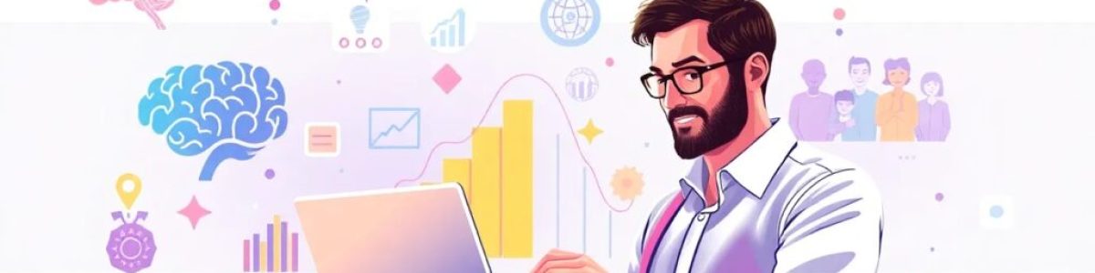 Hombre usando laptop rodeado de iconos digitales.