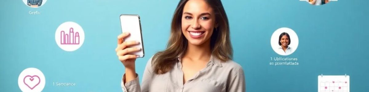 Mujer joven con móvil y gráficos de redes sociales.