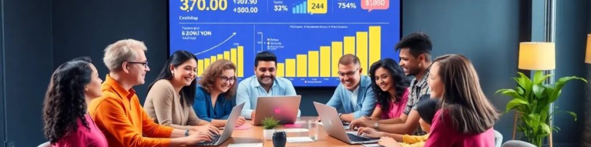 Equipo trabajando con presentación financiera en pantalla.