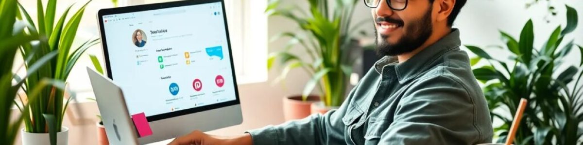 Hombre trabajando en computadora portátil, ambiente laboral verde.