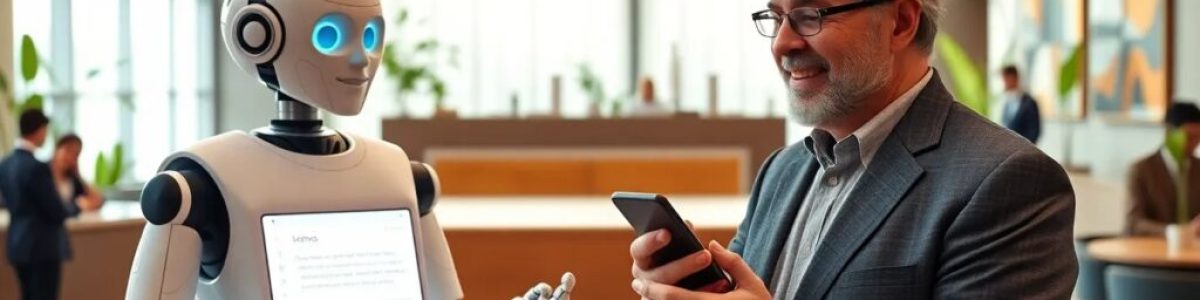 Hombre interactúa con robot humanoide en oficina moderna.