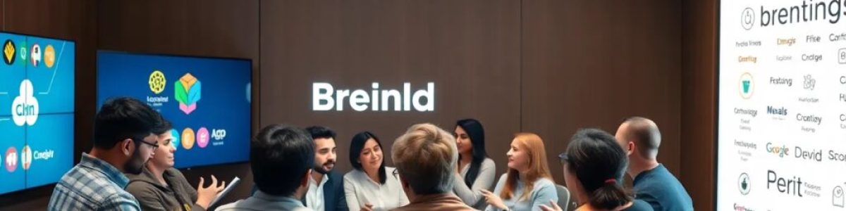 Reunión de equipo en oficina moderna con pantallas digitales.