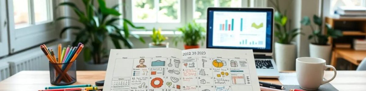 Escritorio con computadora, calendario y plantas.