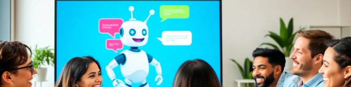 Personas sonrientes en reunión con robot en pantalla.