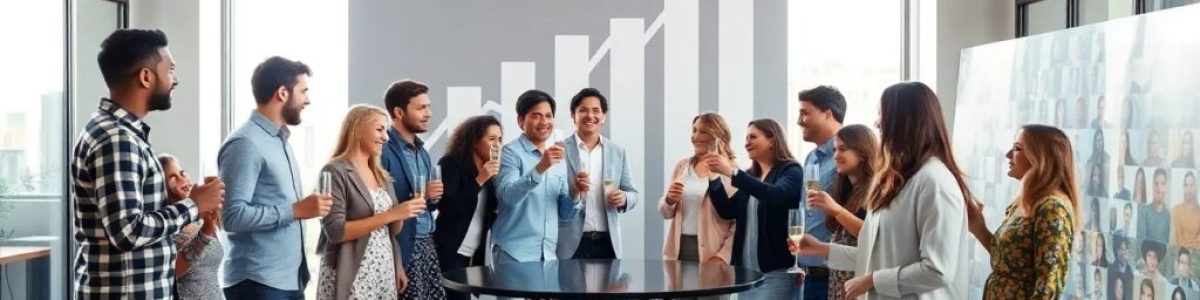 Personas celebrando en oficina con gráfico de crecimiento.