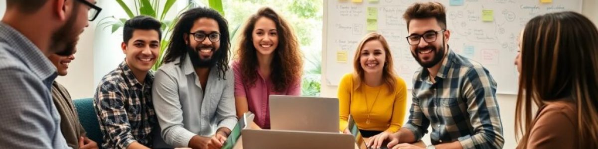 Equipo de trabajo colaborando en oficina con ordenadores