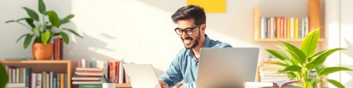 Hombre trabajando en escritorio con libros y portátil