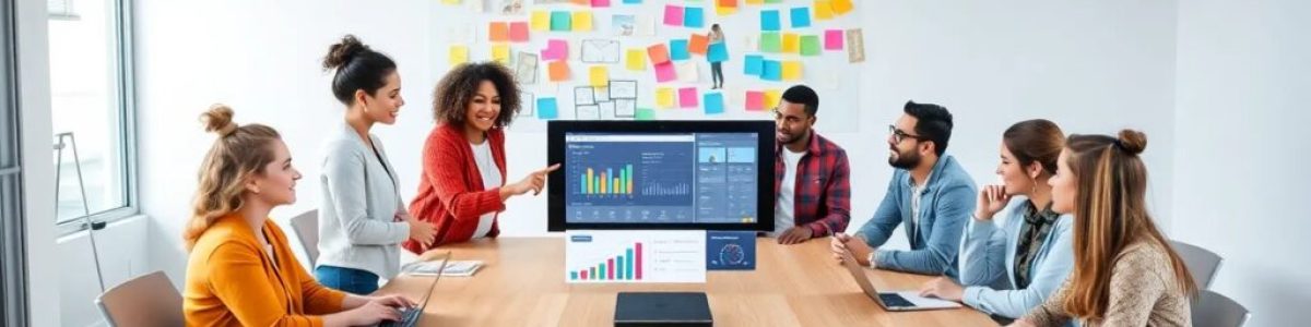 Reunión de trabajo con presentación y notas adhesivas.