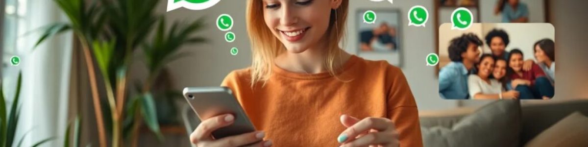 Mujer usando WhatsApp en smartphone, comunicándose con amigos.