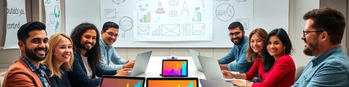 Grupo diverso en reunión empresarial con portátiles.