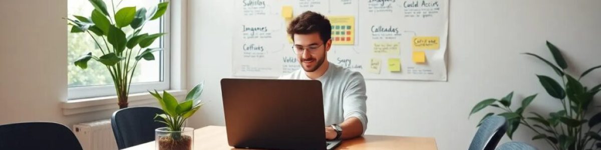 Hombre con portátil en oficina luminosa.