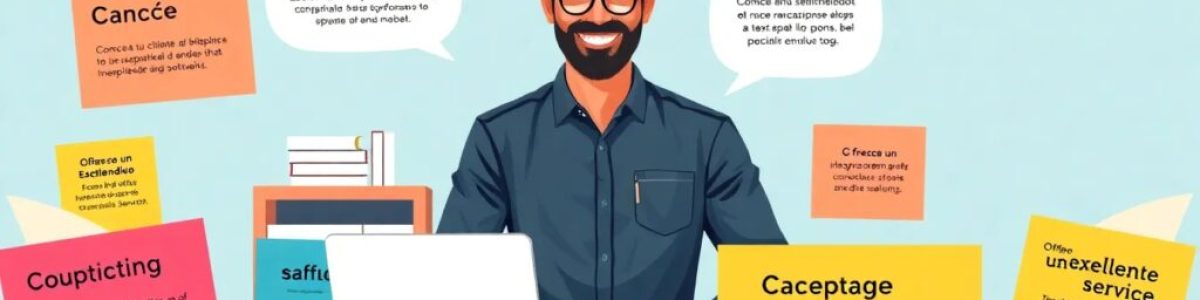 Hombre sonriente en oficina con notas coloridas.