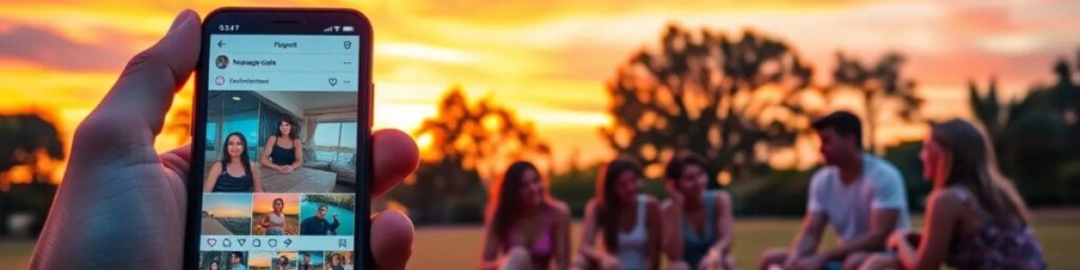 Jóvenes en picnic al atardecer, foto en móvil.
