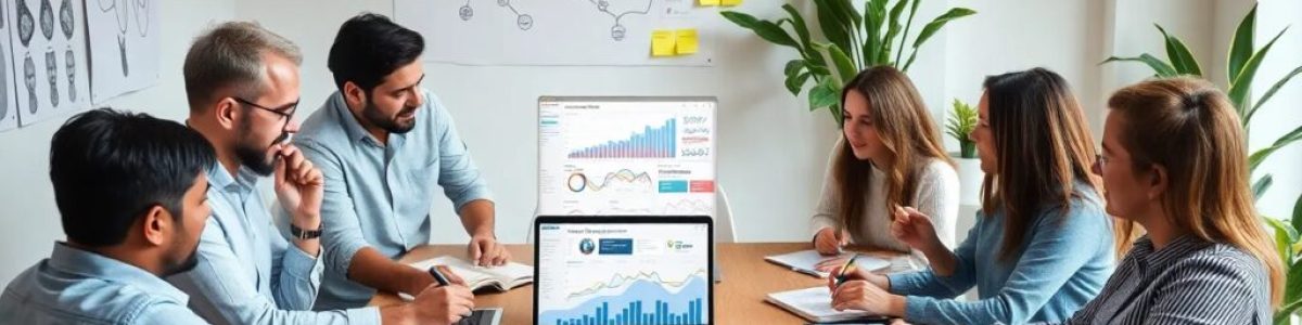 Reunión de equipo analizando gráficos financieros en oficina.