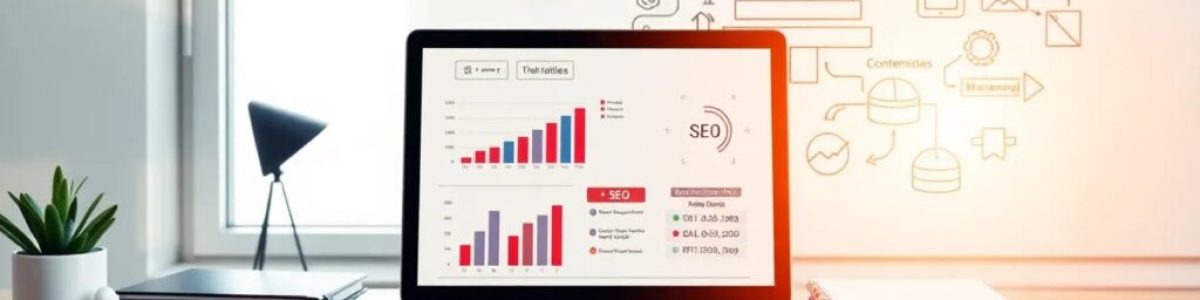 Ordenador con gráficos SEO y notas adhesivas