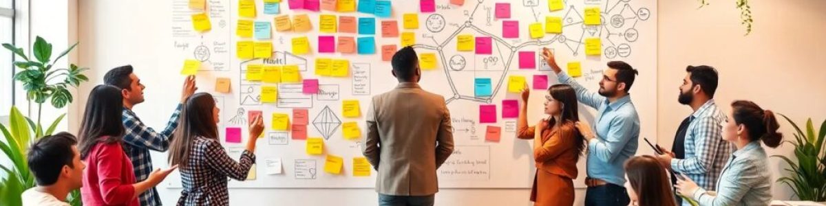 Reunión de equipo frente a pizarra llena de notas.