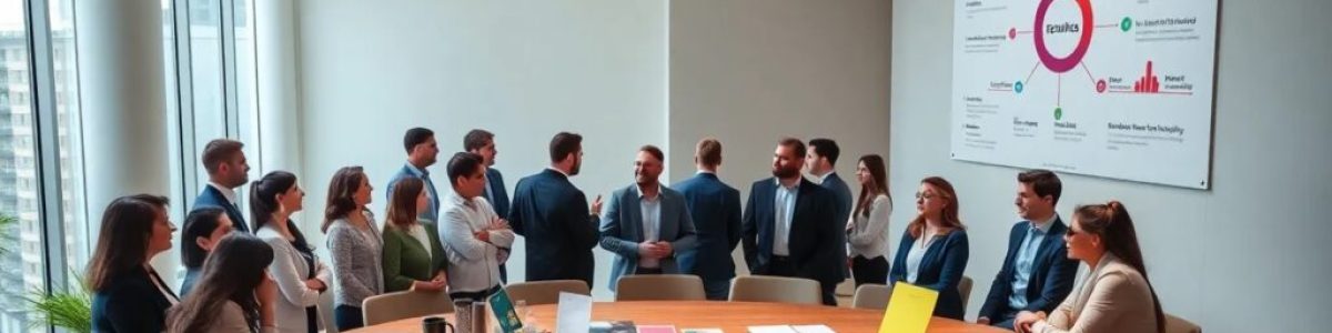 Reunión empresarial con presentación de gráficos y estadísticas.