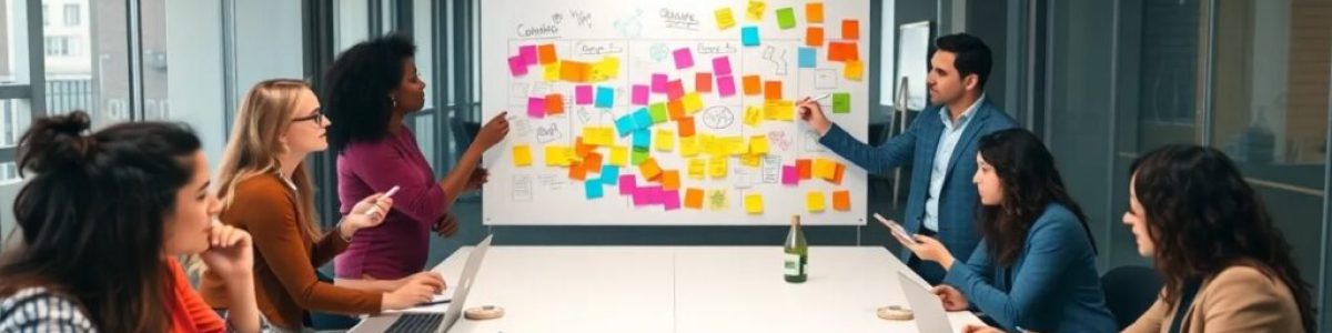 Reunión de equipo con pizarra y post-its coloridos.