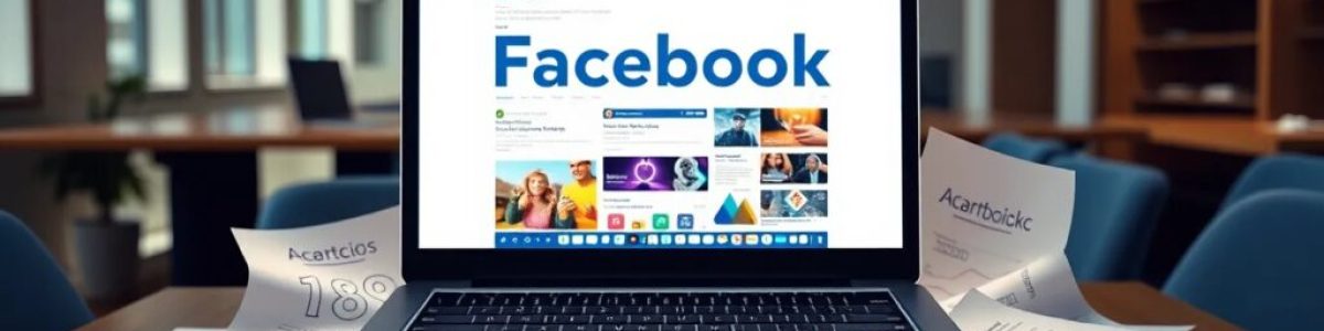 Portátil con Facebook abierto, rodeado de gráficos financieros.