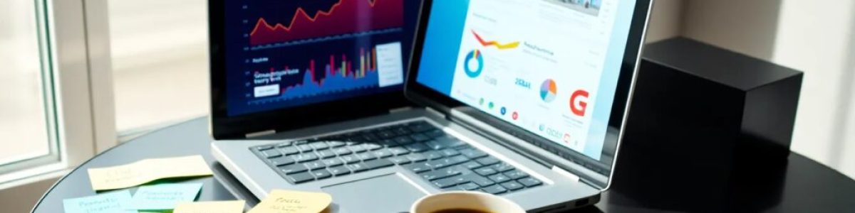 Dos portátiles, gráficos y notas en mesa de trabajo.