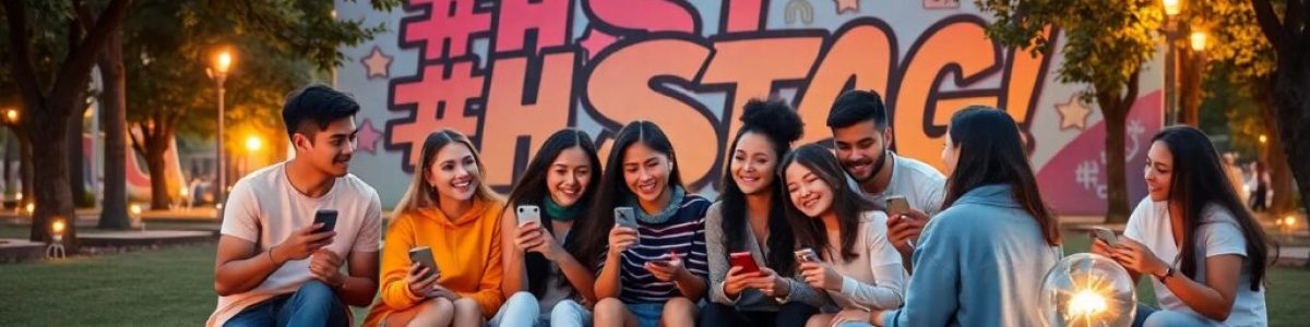 Grupo de amigos usando móviles en parque iluminado