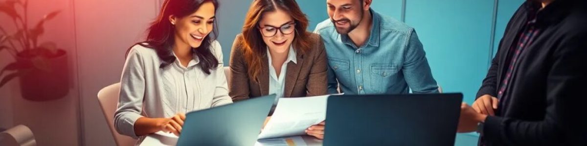 Equipo trabajando en presentación con ordenadores y documentos.