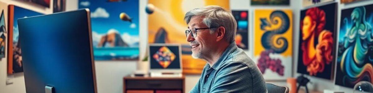 Hombre trabajando en ordenador rodeado de arte colorido.