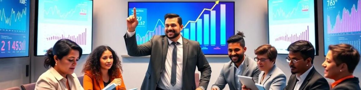 Reunión de negocios con gráficos en pantallas.