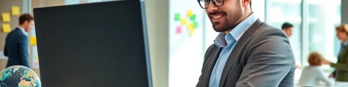 Hombre trabajando frente a computadora en oficina moderna.