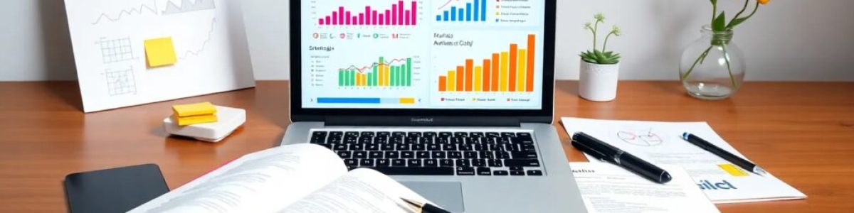 Mesa de trabajo con gráficos en laptop.