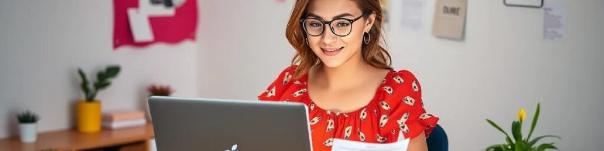 Mujer trabajando en ordenador portátil en oficina.