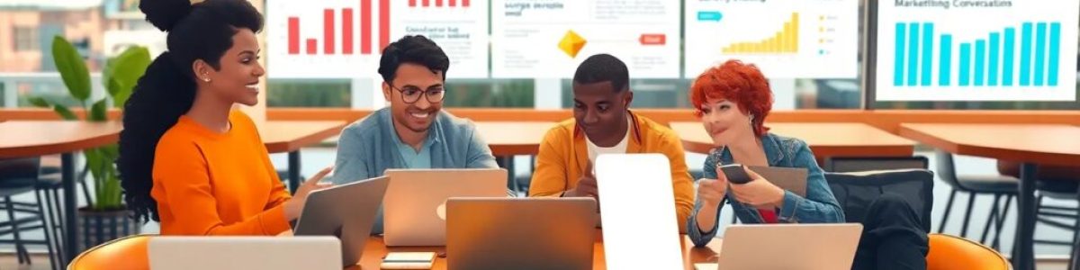 Personas colaboran en oficina con gráficos de marketing.