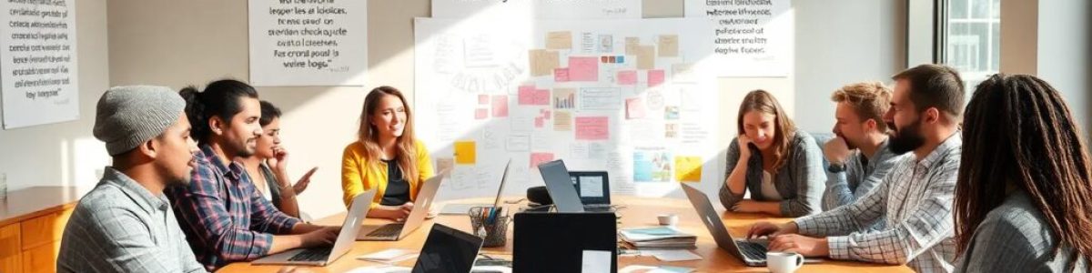 Reunión de equipo en oficina con ordenadores y notas.