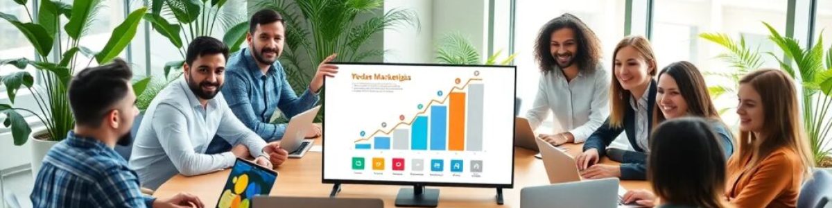 Reunión de equipo con gráficos en pantalla.