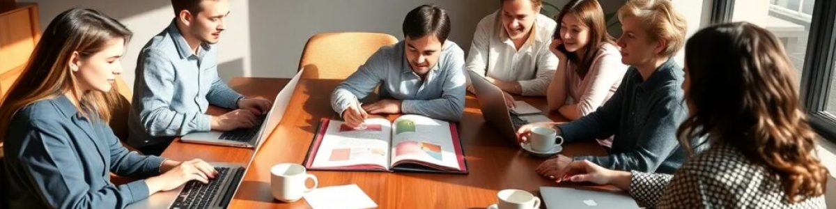 Reunión de equipo en oficina con ordenadores y café.