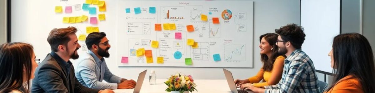 Reunión de equipo con laptops y pizarras