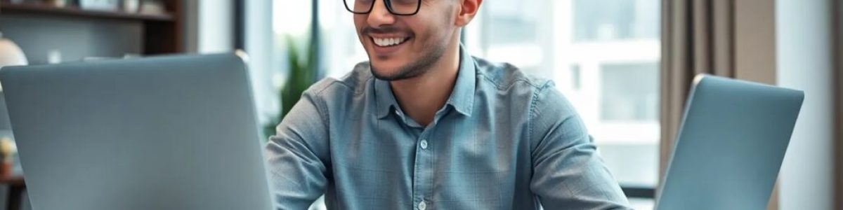 Hombre trabajando con dos ordenadores en oficina moderna.