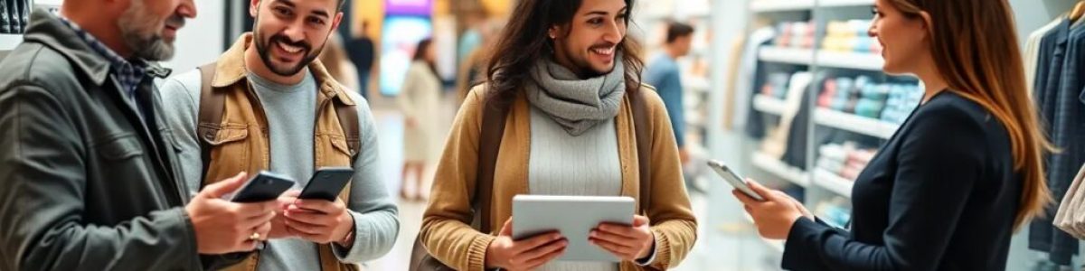 Personas conversando en tienda de tecnología.