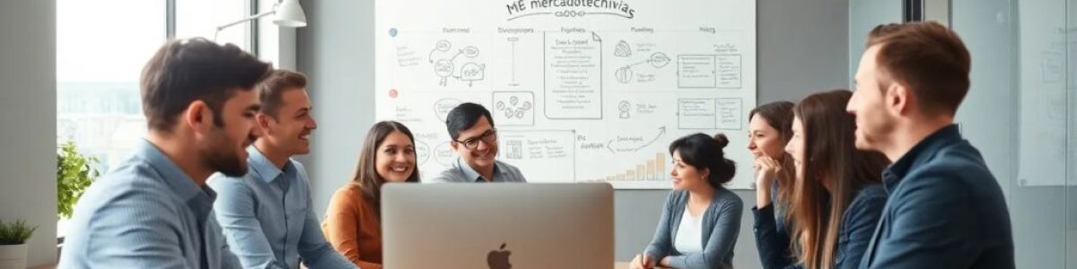 Reunión de equipo frente a pizarra en oficina moderna.