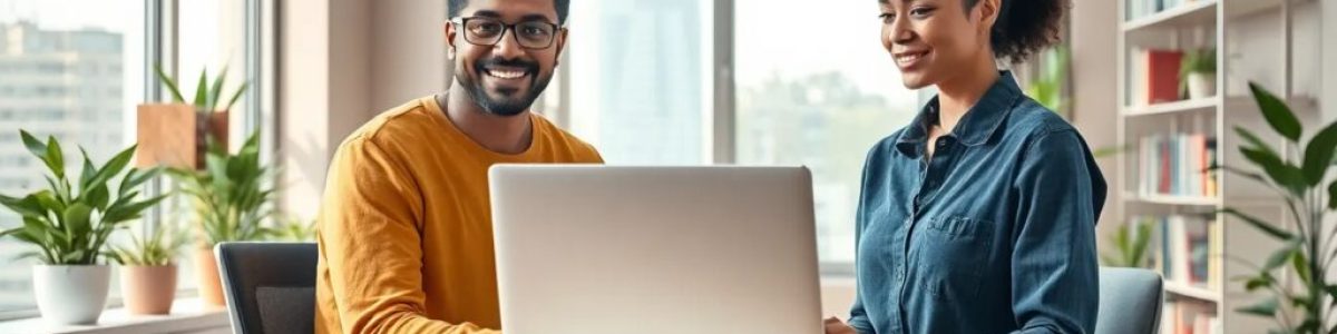 Personas trabajando juntas en oficina con portátil.