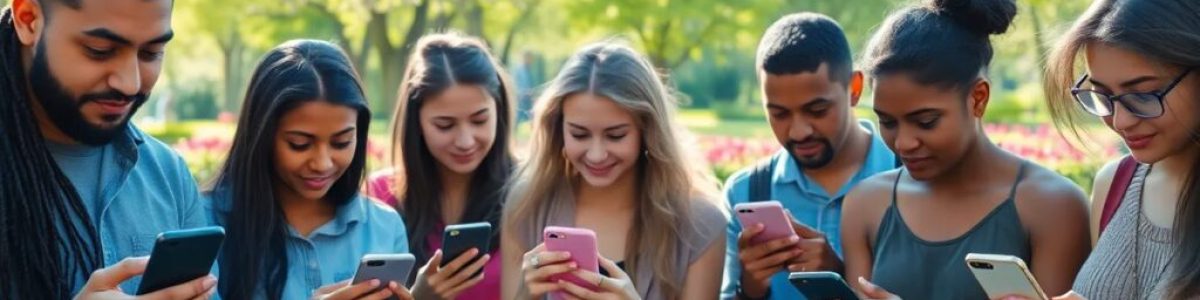 Grupo de personas usando móviles en el parque.