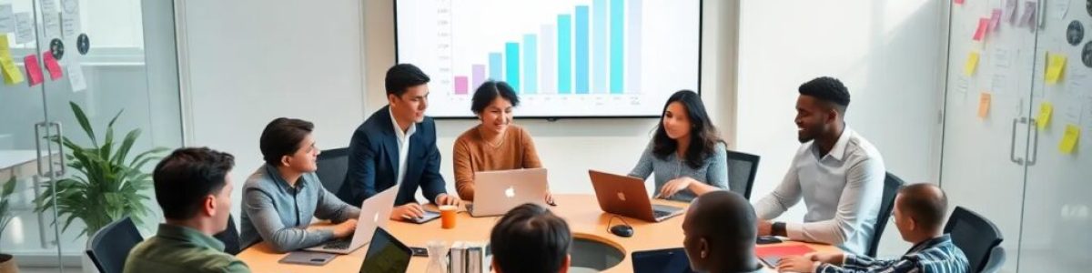 Personas reunidas discuten gráficos en sala de juntas.