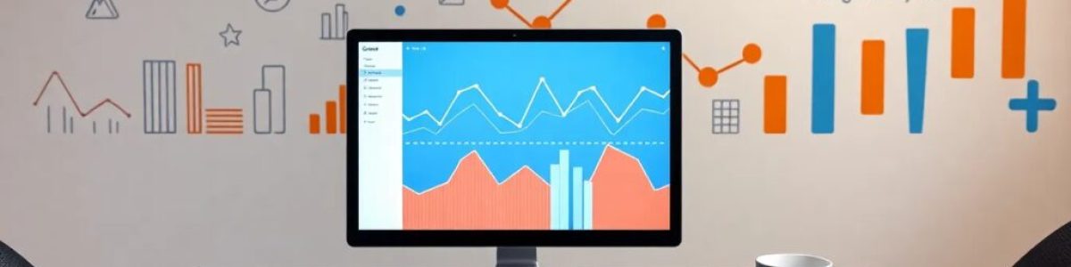 Escritorio con computadora, gráficos de análisis digital.