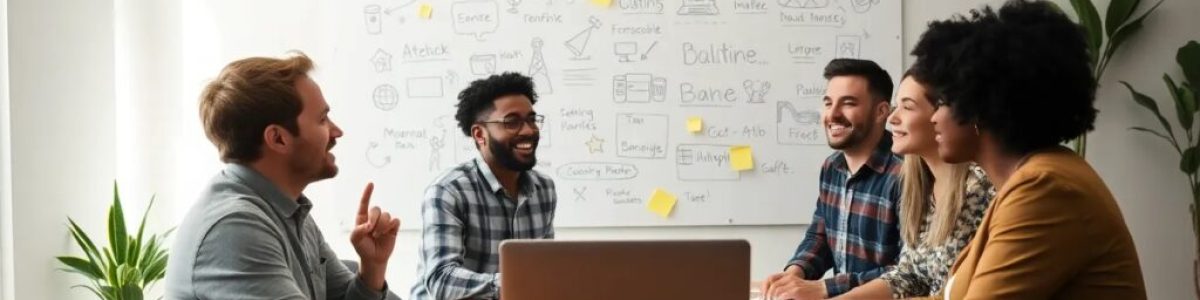 Reunión de equipo en oficina con pizarra y portátil.